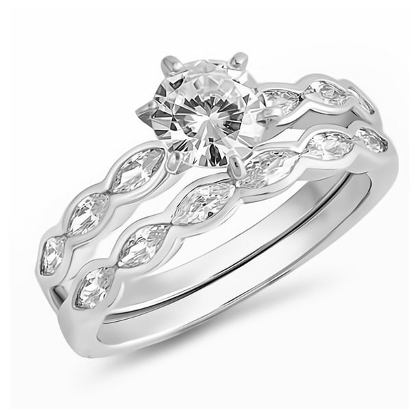 Clear CZ Glitzs Jewels 925 Sterling Silver and Cubic Zirconia CZ Wedding Ring Set For Women 